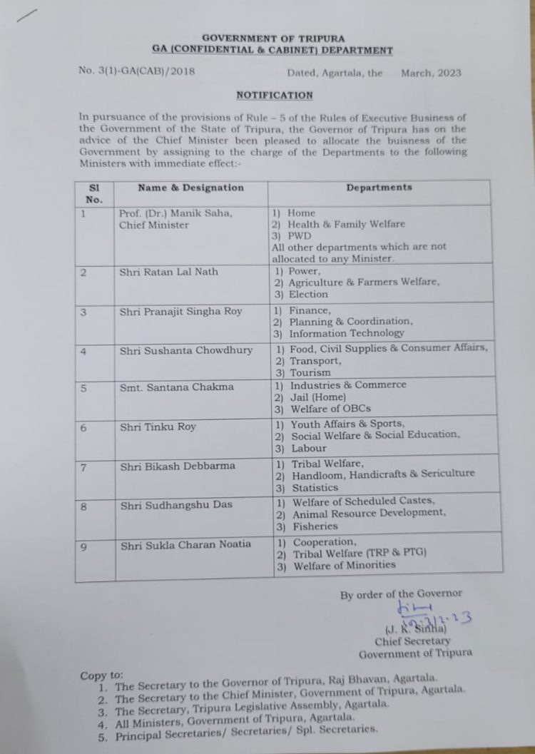 Department are distributed to all the newly elected Minister after formation of BJP govt. 2nd time at Tripura.