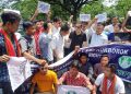 TSF staged a protest at the foot of Gandhimurti at Circuit House in Agartala on Friday