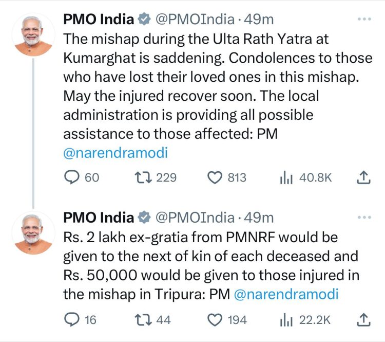 PM anguished by the mishap during the Ulta Rath Yatra at Kumarghat