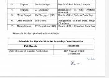 By-elections will be held on 5th August in two assembly constituencies in the state