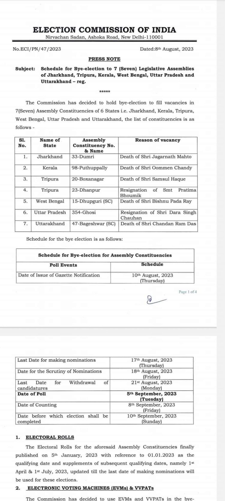 By-elections will be held on 5th August in two assembly constituencies in the state