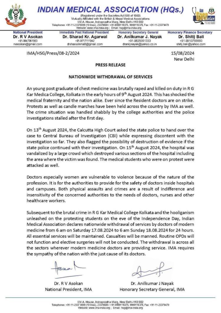 IMA announced nationwide shutdown of medical services