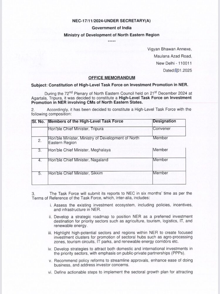 MDoNER appointed CM Dr Saha as Convener of high level task force for investment promotion in NE