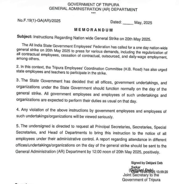 Tripura Govt Declares Normal Functioning on May 20 Despite Nationwide Strike Call