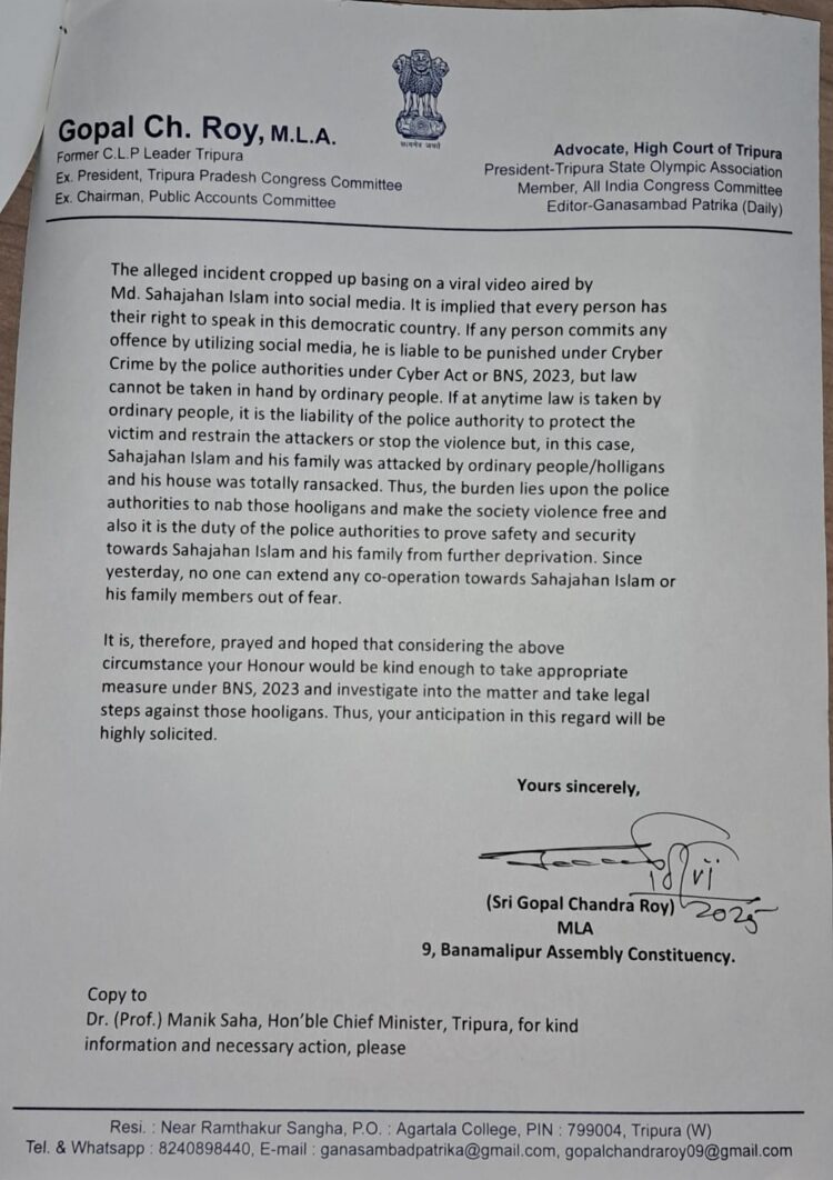 Tripura Congress MLA Seeks Action Against Attackers of Youth Leader’s Family