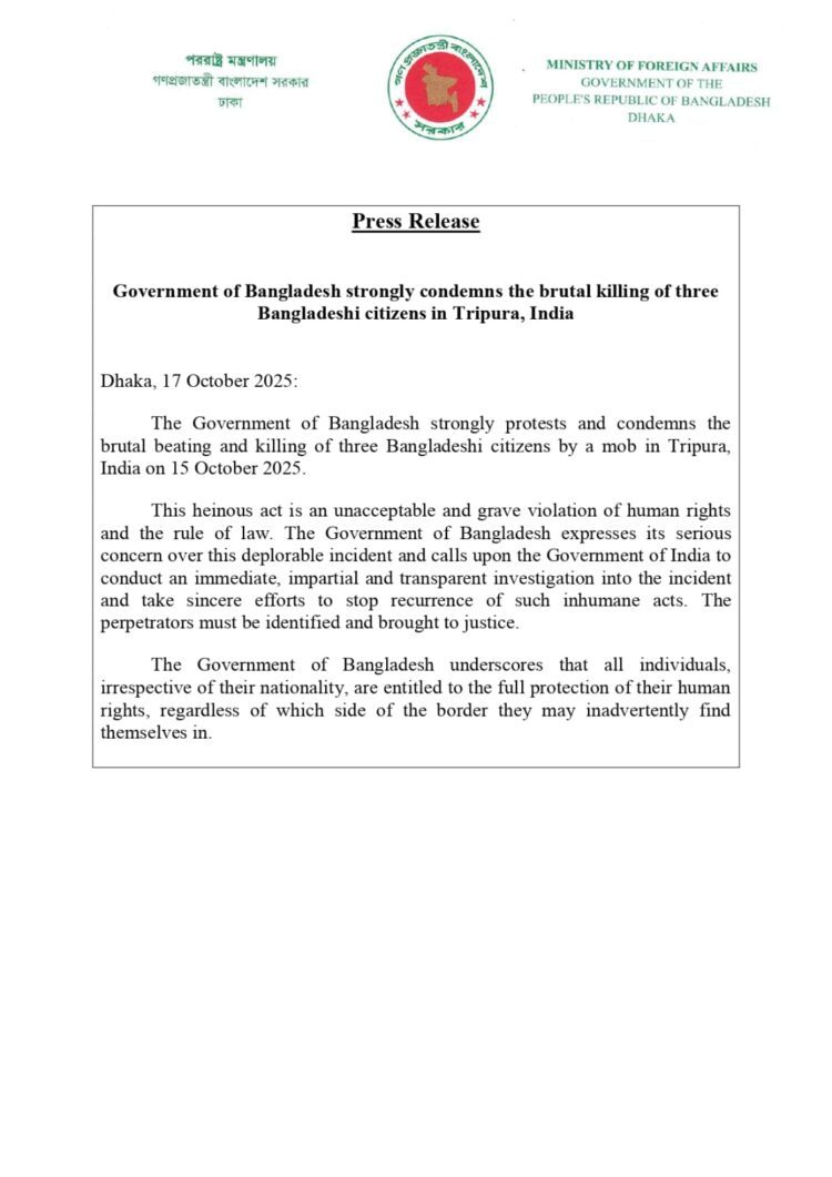 Bangladesh demands fair probe into Tripura lynching of 3 nationals