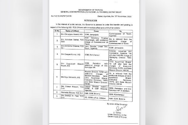 Tripura govt announces major IAS, TCS reshuffle
