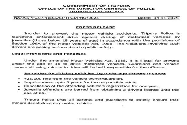 Tripura Police tighten action on juvenile driving