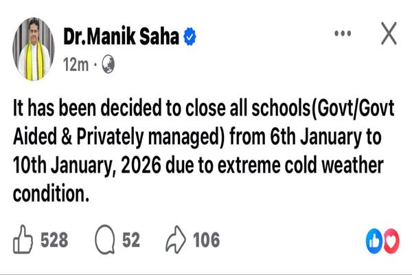 Tripura Shuts Schools for 5 Days Amid Severe Cold Wave
