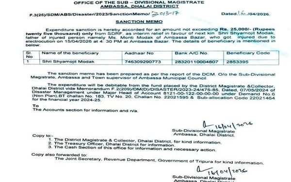 Ambassa SDM Orders Immediate SDRF Aid for Minor