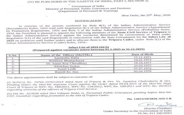 Six Tripura officials elevated under IAS Select List