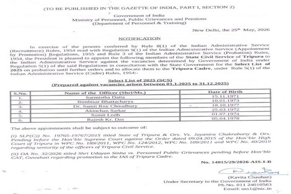 Six Tripura officials elevated under IAS Select List