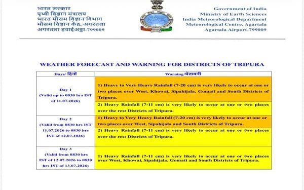 Orange Alert till July 13 in Tripura