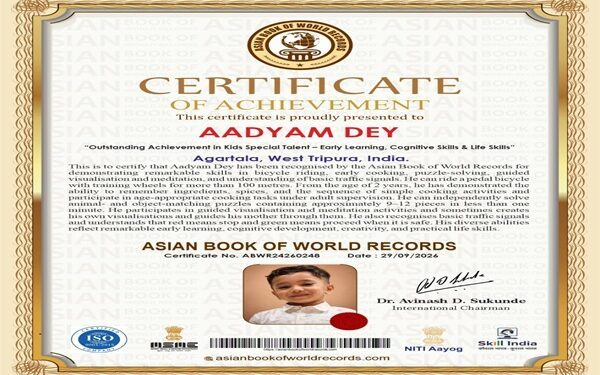 Three-year-old Agartala boy recognised by Asian Book of World Records